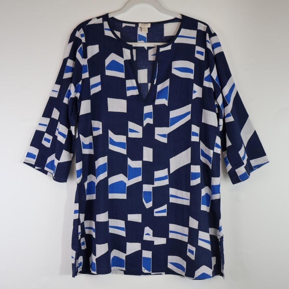 J. Crew Women's Blue Geometric 100% Cotton 3/4 Sleeve Blouse Top Tunic Sz Large